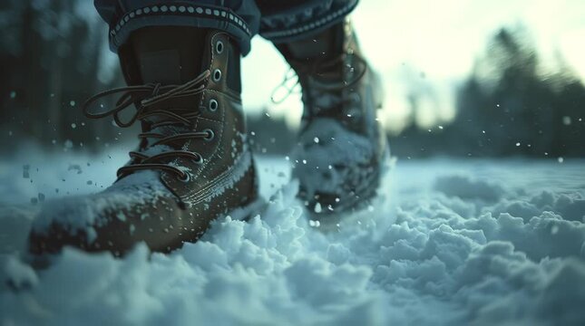 Survival steps crush frozen snow under heavy boots. Survival depends on movement through cold wasteland. Survival path marked by determination and strength in winter environment.