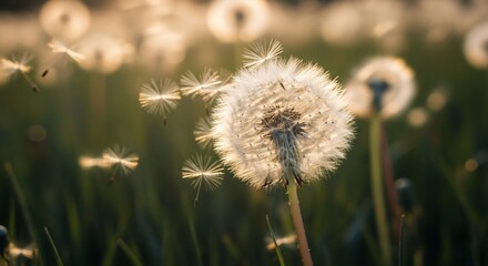 Close-up of a dandelion seed head with fluffy seeds scattering in the golden sunlight across a field of grass.