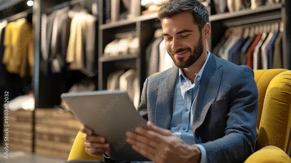 Aufkleber man using digital tablet in modern clothing store casual business setting smiling with relaxed mood 