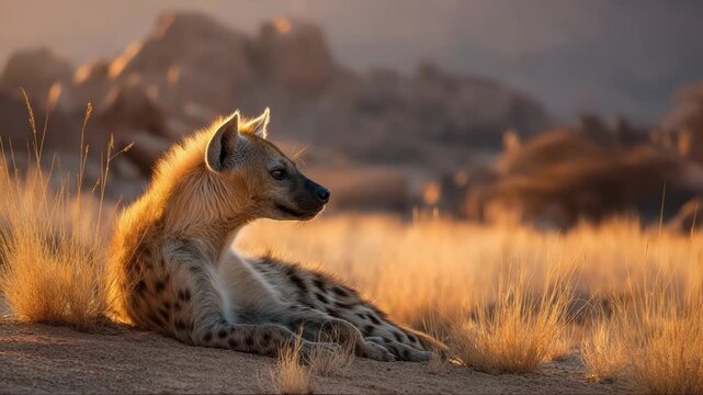 Captivating hyena portrait in golden light, savana wildlife close up in tranquil moment