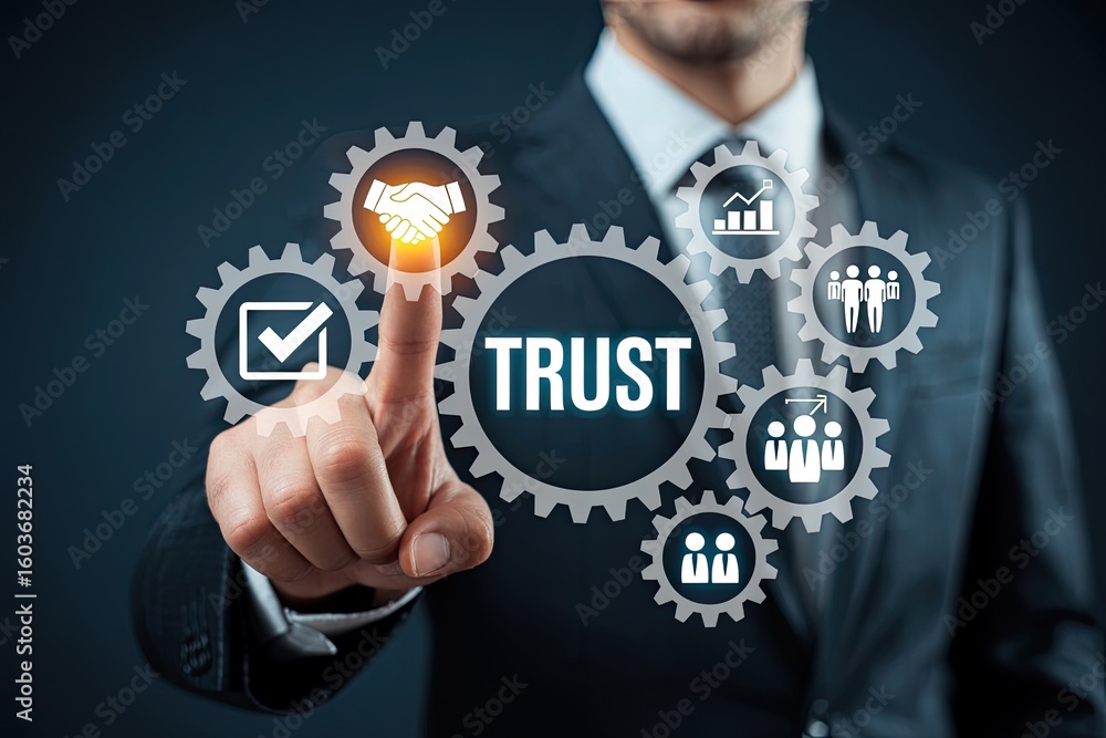 Poster businessman touching a digital interface displaying gears with icons representing trust partnership 