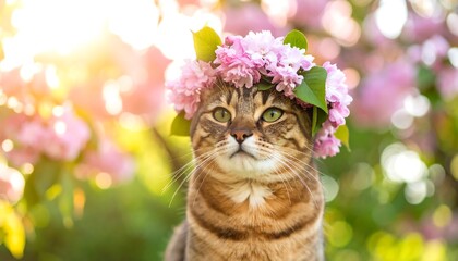 Cat wearing a flower crown in a spring garden