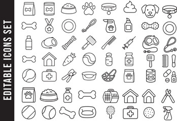 Fototapeta premium An Editable Set of Black and White Line Art Icons for Dog and Pet Care Supplies