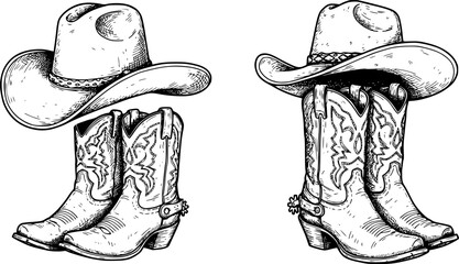 Cowboy boots and western hat. Vector graphic hand drawn illustration rodeo cowboy clothes isolated on white for print or design
