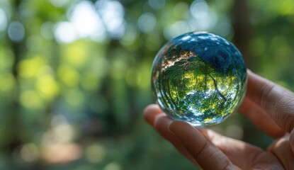 Hand holding a crystal sphere reflecting a forest