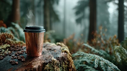 Fototapeta premium Steaming takeaway coffee cup on mossy tree stump in misty forest