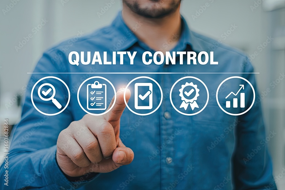 Poster businessman touching screen displaying quality control icons for inspection assurance certification 