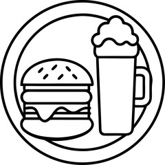 Burger and Beer on a Plate Line Art Illustration of a Classic American Meal Combination Depicted Simplistically