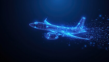 Futuristic Airplane:  Digital Flight in a Blue Nebula