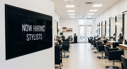 A brightly lit, modern hair salon interior with rows of styling stations and a prominent "Now Hiring Stylists" sign on a wall.