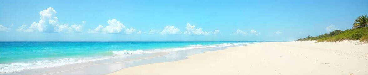 Fototapeta premium Serene Bliss Expansive Deserted Beach, Turquoise Waters, Soft Sand, Vast Clear Sky - Perfect for Relaxation and Contemplation