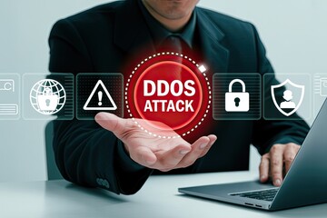 Cybersecurity professional presenting a digital interface highlighting a ddos attack warning with security icons and a laptop