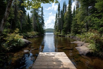 Obraz premium Tranquil lake dock nestled in forest