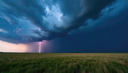 Dramatic Thunderstorm Rolling Over Vast Open Field, Dark Clouds, Lightning Illuminates Landscape, Powerful Moody Atmosphere, Intense Weather, Nature Photography