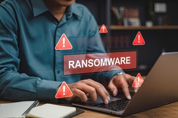 Cybersecurity threat of ransomware attack displayed on a laptop screen with warning symbols and digital data visualization