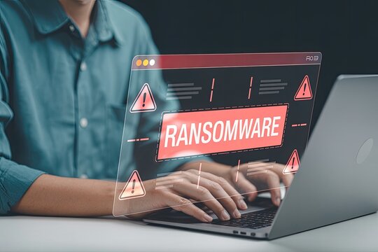 Cybersecurity threat concept with a person typing on a laptop displaying a ransomware warning on a futuristic interface