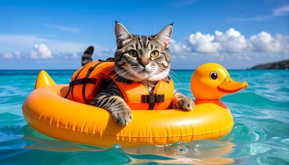 Cat wearing life vest on a duck-shaped inflatable ring in the ocean
