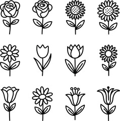 Simple line art flowers set with tulips, daisies, and botanical stems. Elegant floral elements in black stroke style for wedding invites, wall art