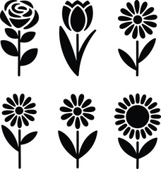 Bold black floral silhouettes with minimal shapes. Includes tulips, daisies, and sunflowers. vector set