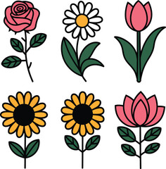 Colorful flower illustrations including tulips, daisies, and roses in flat vector