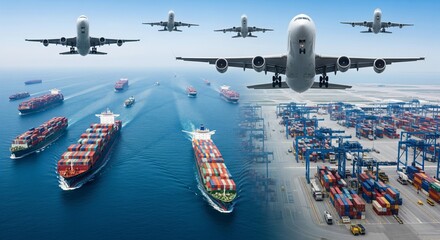Global Logistics Network: A dynamic composition showcasing the intricate dance of global commerce, with a fleet of container ships navigating the vast ocean, cargo planes soaring above.
