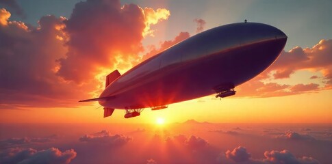 Obraz premium Majestic Airship at Sunset A Giant of the Sky Effortlessly Soaring Through Vibrant Hues, Casting a Long Shadow Below, Showcasing the Beauty and Scale of High-Altitude Flight Innovation.