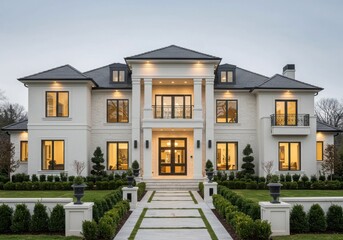 Fototapeta premium Luxurious modern mansion with grand entrance and landscaped gardens