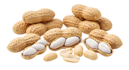 A close up view of a group of peanuts, some shelled and some still in their shells   ai generative, transparent background, white background.