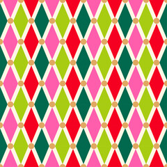 Colorful rhombus and gold dot seamless pattern design for christmas and new year background.