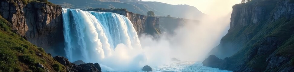Powerful Waterfall Cascades Down Rocky Mountainside in Dramatic Sunlight