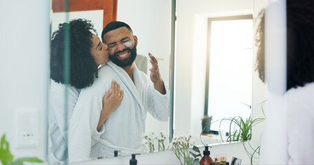 Mirror, kiss and hug with couple for skincare, morning routine and together in home bathroom. Funny...