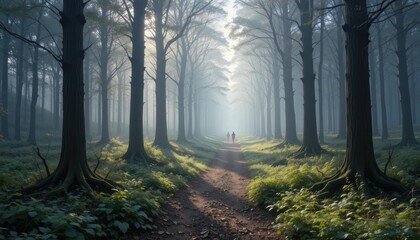 Obraz premium Misty Morning Walk in the Enchanting Forest