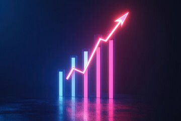 Neon bar chart graph with upward trend arrow symbolizing growth and success