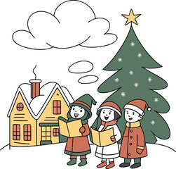 Kids build a snowman and play in the snow with a Christmas tree and Santa Claus in this cheerful winter holiday illustration