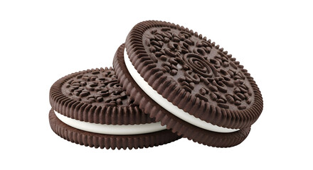 A close up view of two chocolate sandwich cookies stacked on a black background   ai generative, transparent background, white background.