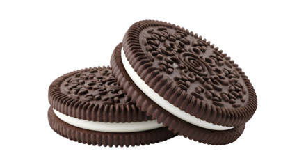 A close up view of two chocolate sandwich cookies stacked on a black background   ai generative, transparent background, white background.