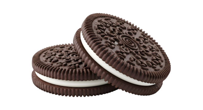 A close up view of two chocolate sandwich cookies stacked on a black background   ai generative, transparent background, white background.