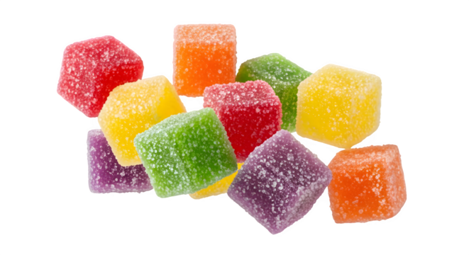 Close up of a pile of colorful sugar coated cube shaped gummy candies on black background ai generative, transparent background, white background.