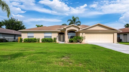 Suburban house exterior with green lawn and blue sky background stock photo --ar 16:9 --raw --v 6 Job ID: 25c81bfd-c5bd-4d0c-8b15-d464c456b1a3