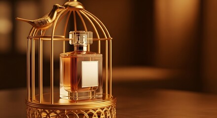 Close-up of a golden perfume bottle inside a decorative birdcage on a wooden surface. The background is softly blurred with warm lighting creating an elegant and luxurious feel.