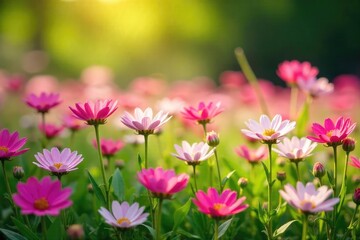 Fototapeta premium Vibrant Pink and White Mayflowers Blooming in a Sun-Drenched Meadow Perfect Spring Floral Image for Websites, Blogs, and Publications