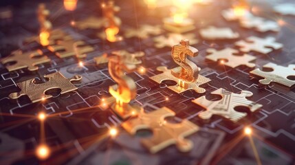 Conceptual image of finance strategy with puzzle pieces and money symbols stock photo --ar 16:9 --raw --v 6 Job ID: f8a95ee7-0b78-45ad-9561-350768ff4a19