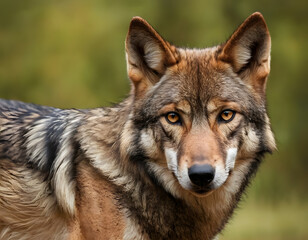 Obraz premium Generative AI illustration of an Iberian wolf of Spain. A European wolf with hazel eyes is looking at the camera. A natural background with text space.