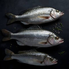Fototapeta premium Fresh fish seabass on black background.