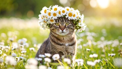 Cat with daisy crown in field