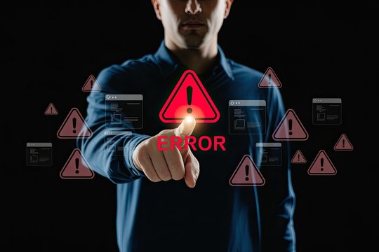 Man pointing at a glowing red error symbol surrounded by digital warning signs and code windows on a dark background - Powered by Adobe