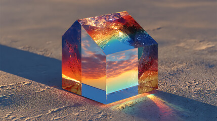 Colorful prism house shape on sand with reflections
