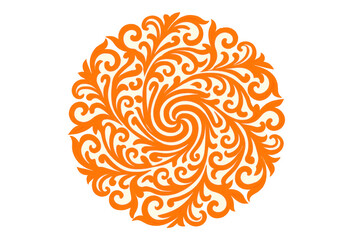 Intricate orange floral ornament forming a circular, swirling pattern isolated on a transparent background, ideal for design projects