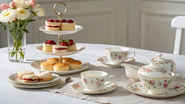A tea party with cakes and floral tea set up - Powered by Adobe