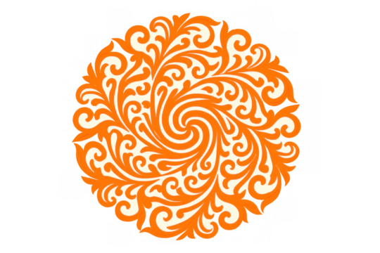 Intricate orange floral ornament forming a circular, swirling pattern isolated on a transparent background, ideal for design projects